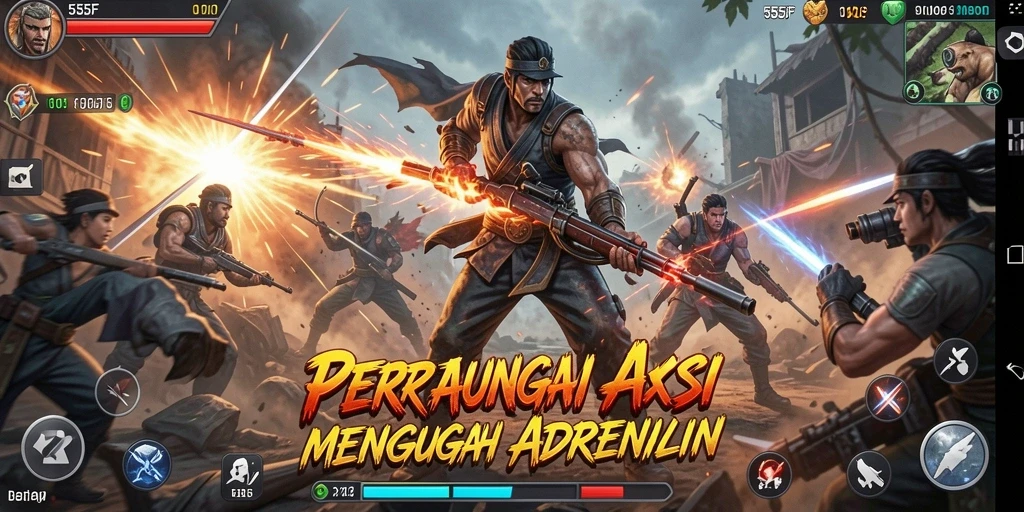 Screenshot utama 555F menampilkan pertarungan intens di lapangan perang.