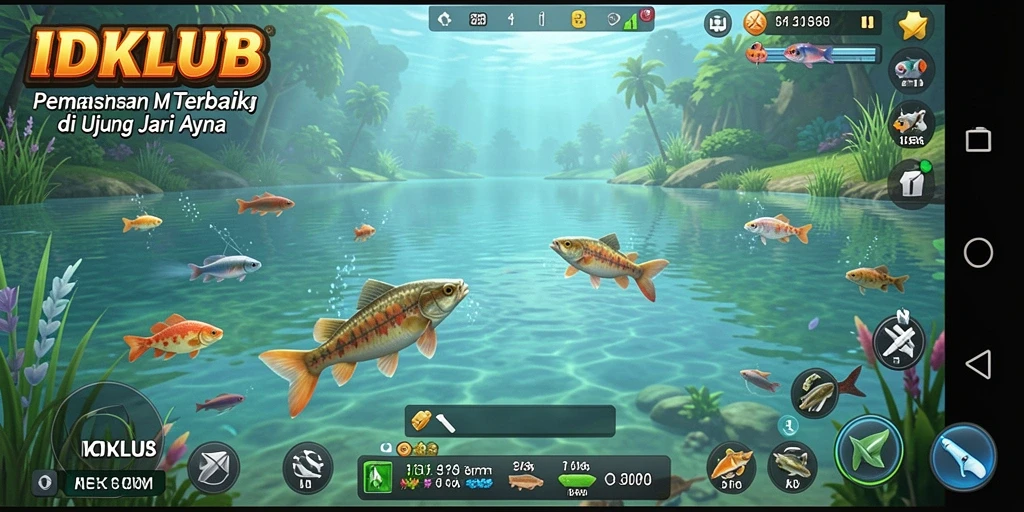 Screenshot gameplay menunjukkan pemain sedang menangkap ikan di danau yang indah.