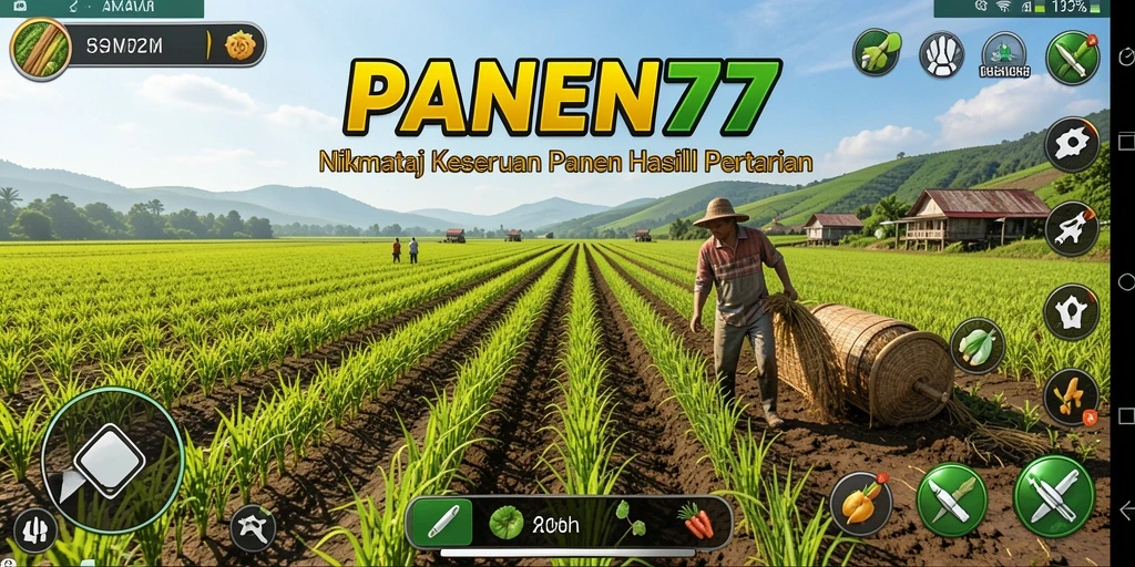 Screenshot gameplay PANEN77 menampilkan kebun yang penuh warna dan tanaman yang menarik.