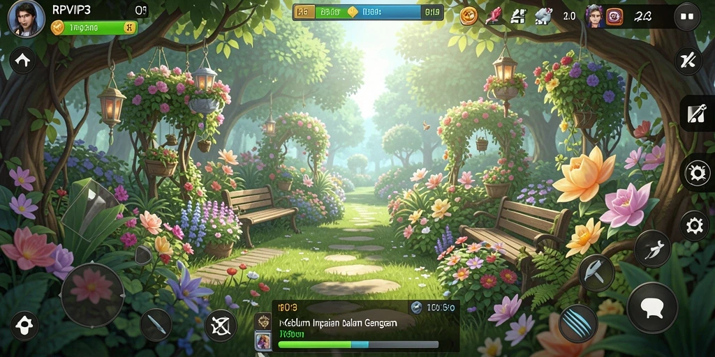 Tampilan gameplay RPVIP3 menampilkan keindahan kebun yang rimbun dan hewan ternak.